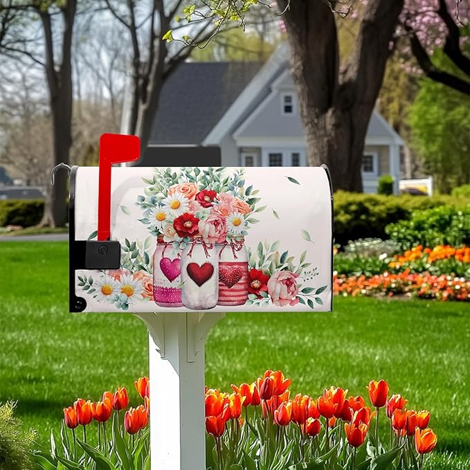 Mother’s Day Mailbox Covers Spring Floral Mailbox Cover Beautiful Jar Post Letter Box Cover Magnetic Standard Size 21x18 inch Decorations for Outside Garden for Mom