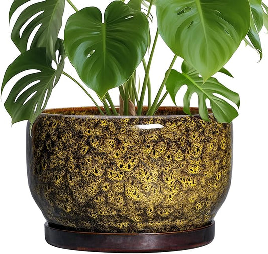 SQOWL 10 Inch Plant Pot - Ceramic Flower Pots with Drainage Hole and Saucer, Ceramic Planter for Indoor Plants Outdoor, Decorative Round Large Planter, House Decor, Gifts for Women Men, Yellow