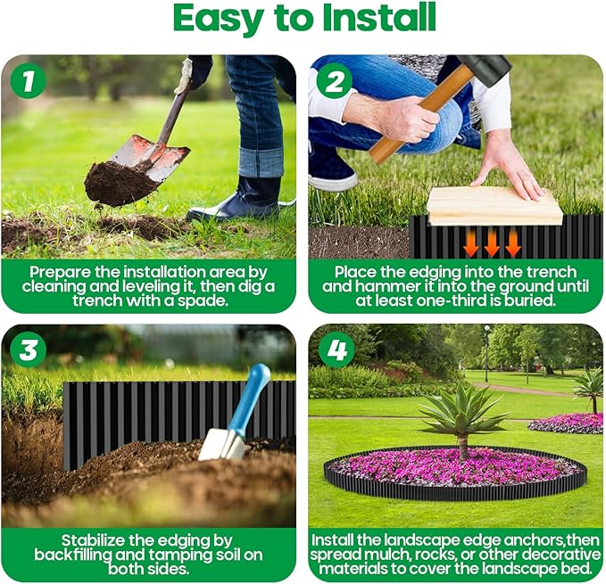 Corrugated Metal Garden Edging,Sturdy Tall Landscape Edging Borders with 6pcs Anchor Stakes, Perfect DIY for Flower Beds, Lawn and Pathway,Tree Surrounds,Paver Edges (Black 6"×20FT)