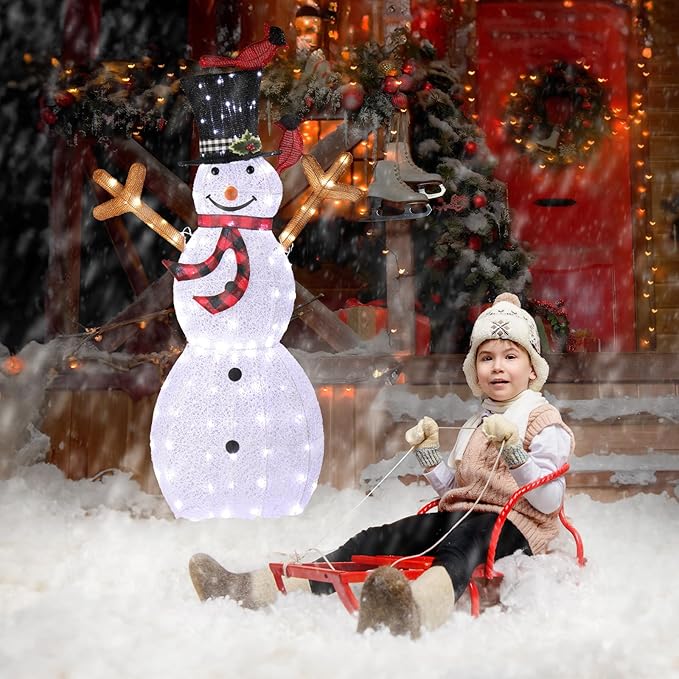 VINGLI 5FT Outdoor Snowman Christmas Decorations, Lighted Outdoor Snowman w/120 LED Lights, Tall Hat, Red Scarf, Ground Stakes, Zip Ties for Indoor, Yard, Outside Xmas Decor