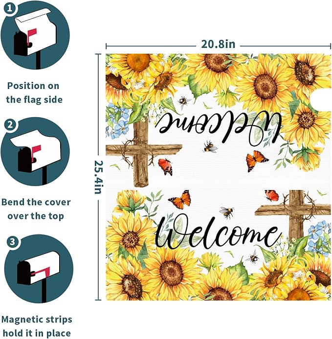 Summer Welcome Sunflower Mailbox Cover Magnetic Standard Size 25.5" X 21" Flower Wraps for Post Letter Box Decor Outside Garden Yard Home Outdoor Decoration