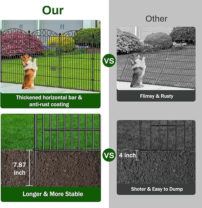 12 Panel Garden Fence with Gate - 36in H x 24ft L, No Dig Rustproof Metal Tall Animal Barrier for Dogs Rabbits, Decorative Outdoor Border for Yard, Patio, and Flower Beds