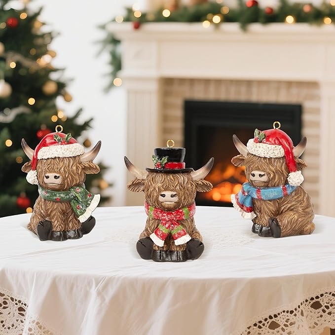 Christmas Highland Cow Figurines Decor, 3 PCS Small Christmas Cows with Scarf, Hanging Ornaments Xmas Resin Statue for Garden Bathroom Kitchen Home Table Decorations