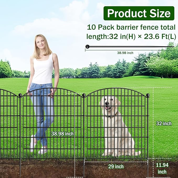 10 Panels Decorative Garden Fence with Gate - 32 in (H) x 23.6 ft (L) No Dig Dog Fence Outdoor for Yard, Rustproof Tall Garden Fencecing Panels, Animal Barrier Suitable for Yard Border, Patio