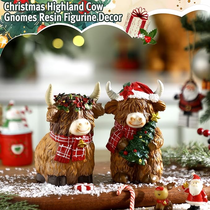 2 Pack Christmas Highland Cow Decor Resin Highland Cow Figurine Christmas Cows Gnomes with Santa's Hat Scarf Resin Statue for Garden Table Shelf Home Decor Calf Gnome Herd Gifts