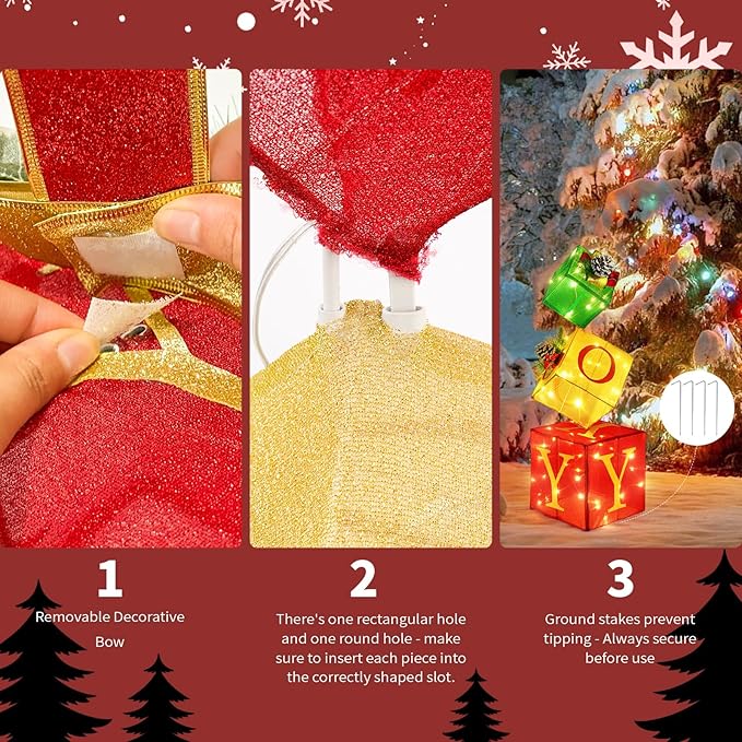 Christmas Joy Lighted Gift Boxes Decorations Set of 3, 2.6Ft Stackable Christmas Nesting Boxes Battery Operated for Home and Party Decoration