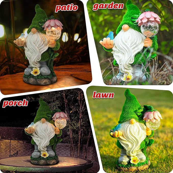 Garden Gnome Statue - Funny Gnome Decoration Hold Flower with Solar Crackle Glass Globe Lights, Resin Gnomes Figurine Ornament for Patio Yard Lawn Porch Outdoor Decor