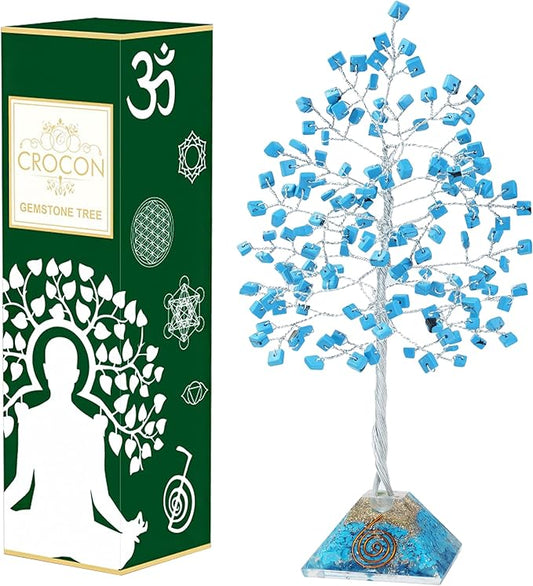 Turquoise Crystal Tree with Orgone Pyramid Base Desk Decor Healing Crystals Bonsai Tree Gifts for Women Office & Shelf Home Room Decor for Mom Sister Girlfriend Present Housewarming