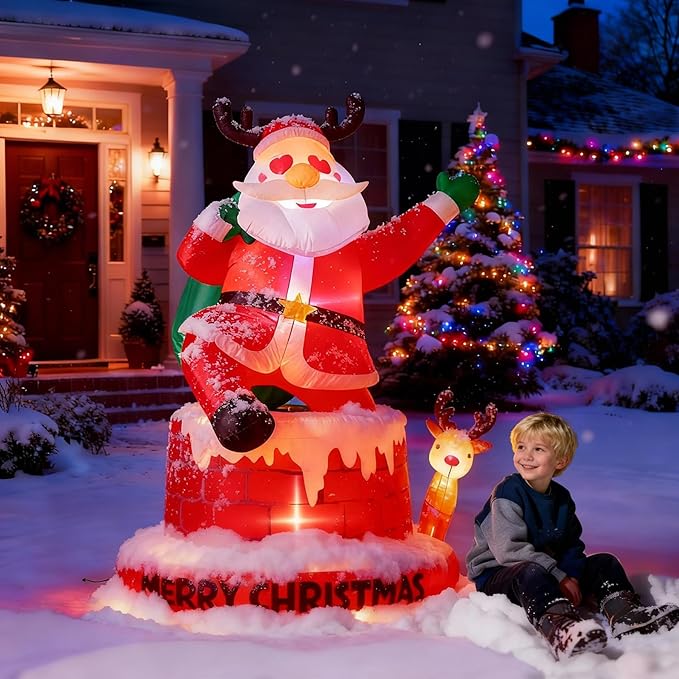UPWELL 8FT Inflatable Chimney Santa Claus - Classic Outdoor Holiday Yard Decoration with LED Lights, Self-Inflating, Stable & Durable, Suitable for Christmas Decor & Events