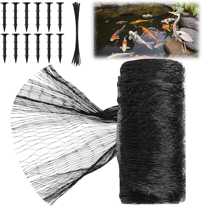 Koi Pond Netting Kit 7 x 10ft, Bird Deer Fence Netting, Durable Net Cover for Leaves, Heavy Duty Fine Mesh, Protect Fish from Blue Heron Birds, Cats & Predators, 12 Pcs Stakes & Ties Included