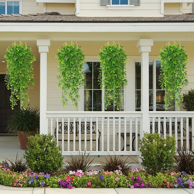TOCHGREEN 4Pcs Artificial Hanging Plants Fern Vine, Faux Plastic Plants Fake Ivy Vine Greenery Garland with Green Flower, Outdoor Indoor Decorations for Living Room Garden Wall Home Decor (Green)