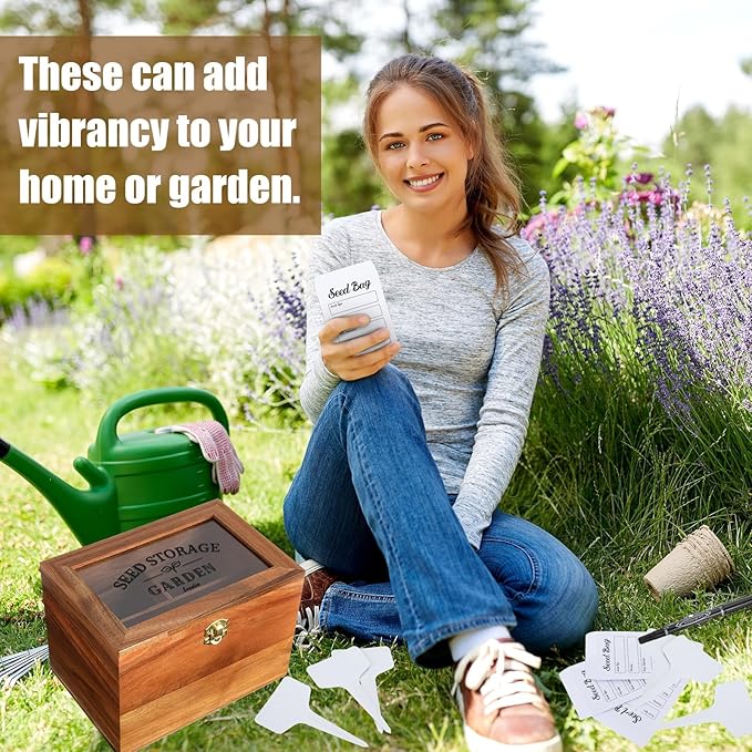 Seed Storage Box Seed Packet Organizer with Lid Seed Container with 100 Plant Labels 50 Envelopes 2 Marker Pens 3 Compartments Garden Seed Bin with Locks for Seed Saver Garden Lover