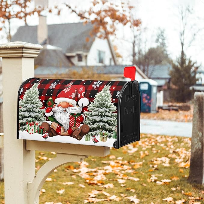 Christmas Mailbox Cover Magnetic Red Buffalo Plaid Gnome Mailbox Covers Magnetic Standard Size 21" X 25.5" Snowflake Mailbox Post Cover Letter Box Cover Home Garden Decor for Outside Decoration