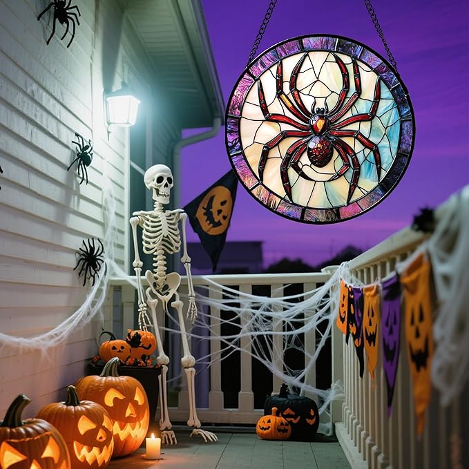 Stained Glass Window Hanging - Halloween Decorations Red Spider Goth Suncatcher for Doors Garden Indoor Funny Spooky Sun Catchers Gothic Decor Horror Gifts for Women Men Friend 6.3 in