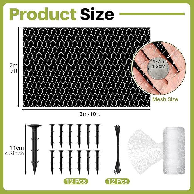 Koi Pond Netting Kit 7 x 10ft, Bird Deer Fence Netting, Durable Net Cover for Leaves, Heavy Duty Fine Mesh, Protect Fish from Birds, Cats & Predators, 12pcs Stakes & Ties Included(White)