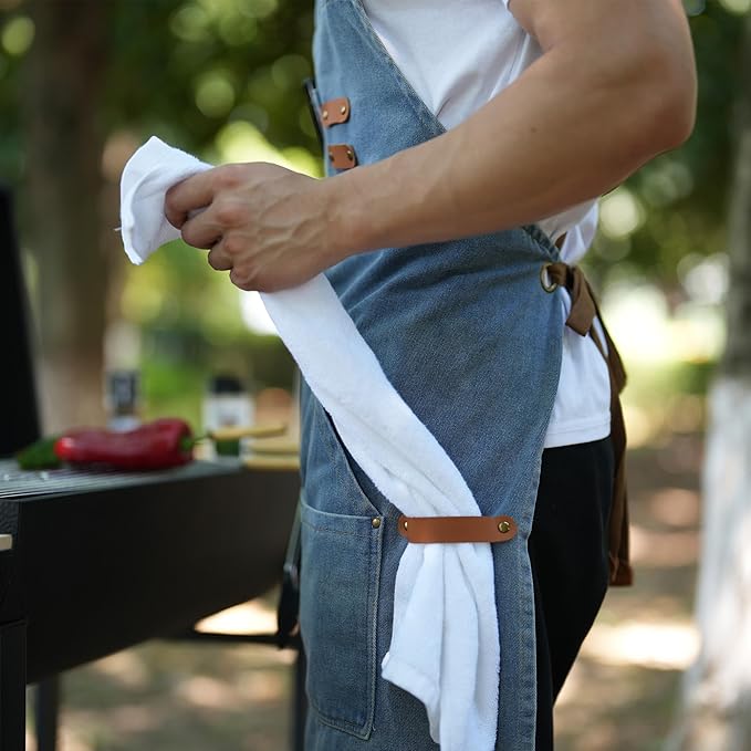 Denim Bbq Apron for Men Women with Pockets Adjustable Cross Back Chef Aprons for Kitchen Cooking Grilling Working