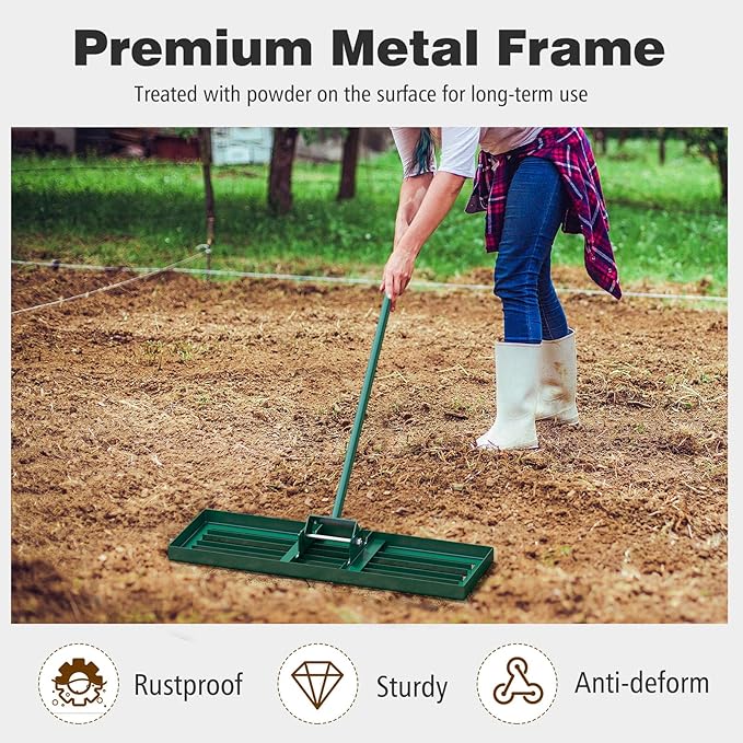 30" x 10" Lawn Leveling Rake, Heavy Duty Landscape Rake with 67" Handle, Non-Slip Grip & Flat Head, Space-Saving Lawn Level Tool for Garden, Backyard, Golf Course & Sports Field(Green)