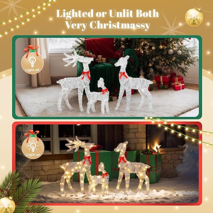 VINGLI 3-Piece Lighted Tinsel Christmas Reindeer Family Set, 3FT White Buck Doe Fawn Outdoor Yard Decorations, Pre-lit 110 Warm White LED Lights, Weatherproof Xmas Lawn Garden Home Decor