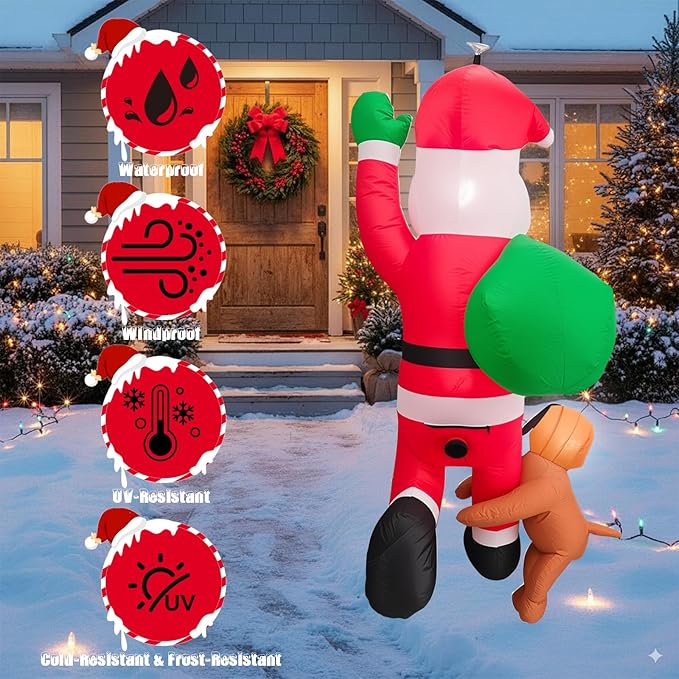6 FT Christmas Inflatables Santa Claus Decoration with Gifts Bag,Hanging Blow Up Santa Decor with Built-in LED Lights,Outdoor Xmas Yard Decoration Holiday Party Supplies with Dog for Tree Roof Garden