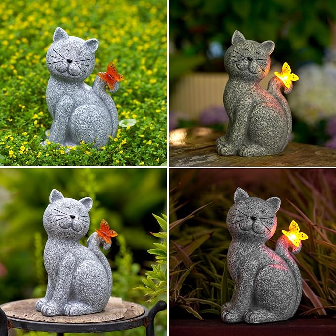 Nacome Cat Outdoor Statues for Garden: Outside Decor with Butterfly Clearance for Yard Art Lawn Ornaments Porch Patio Balcony Home House for Grandma Mom Women