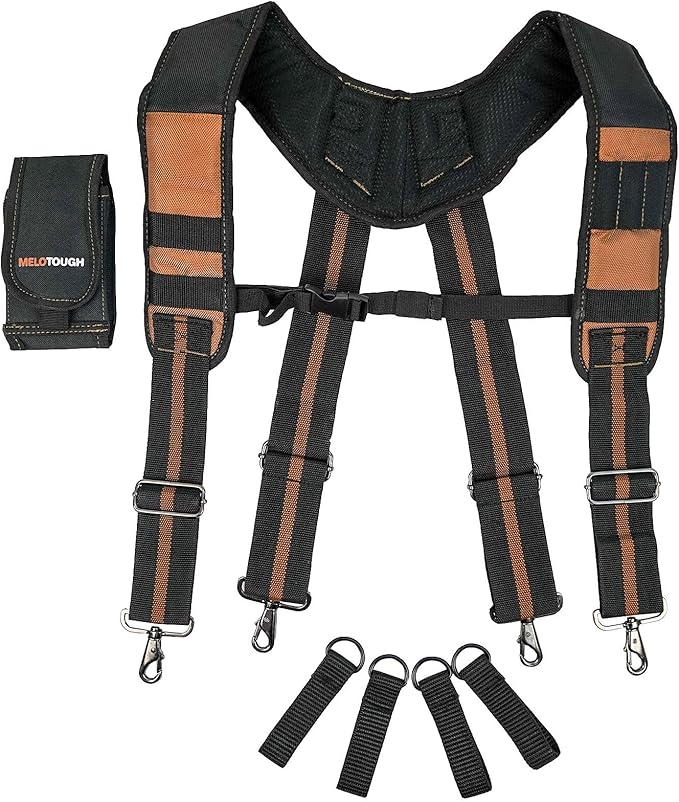 MELOTOUGH Tool Belt Suspenders Construction Work Suspenders with detachable phone holder comfortable foam shoulder padder (Khaki)