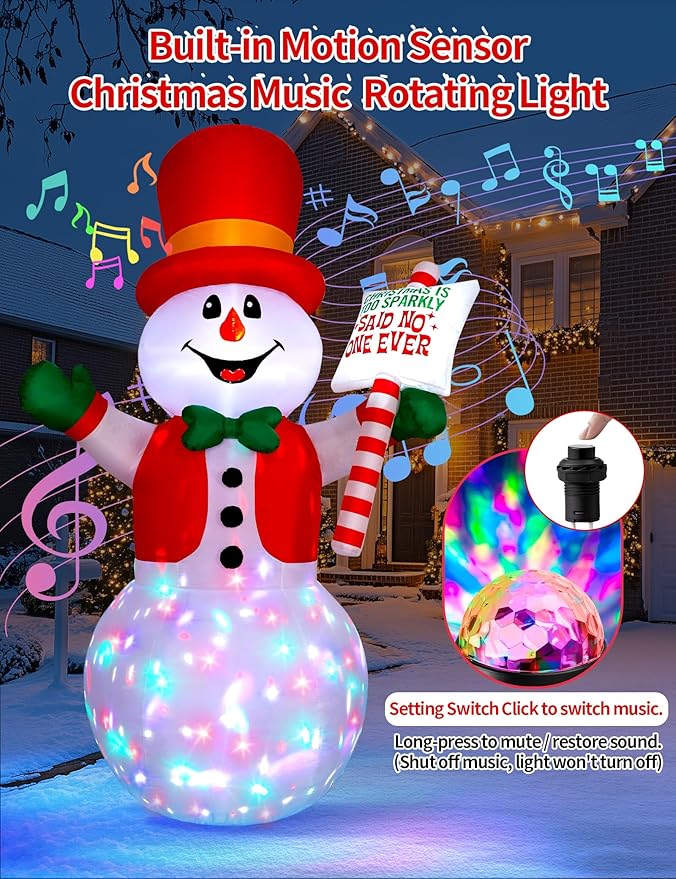 6 FT Christmas Inflatable Snowman with Motion-Activated Christmas Greeting Music & Spinning Light, Blow Up Gentleman Snowman Outdoor Inflatable Decoration for Holiday Yard Lawn Patio