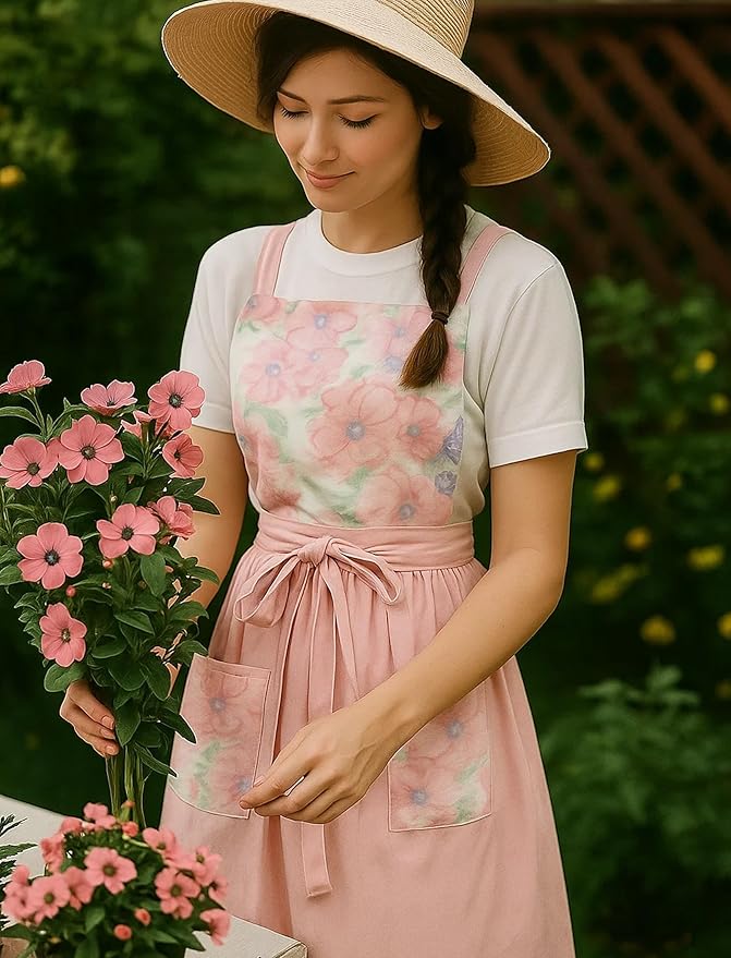 Vintage Pinafore Apron Dress for Women with Pockets Cute Floral Chef Aprons for Kitchen Cooking Baking Gardening