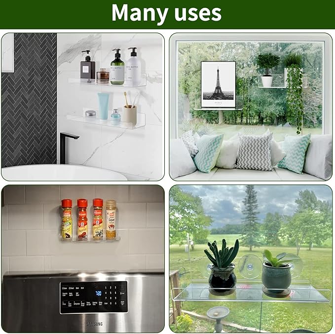 2 Pack Suction Cup Window Shelf for Plants 16 Inches, Clear Acrylic Indoor Plant Shelf Window Ledge Garden Sill Extender for Micro Greens, Seed Starter Pots, Herb Planters