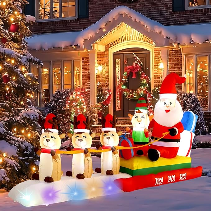 10FT Three Elks Pulling Santa Claus on a Sleigh Christmas Decoration with Built-in LED Lights, Christmas Outdoor Inflatable Decoration for Lawns, Yards, Gardens, and Patios