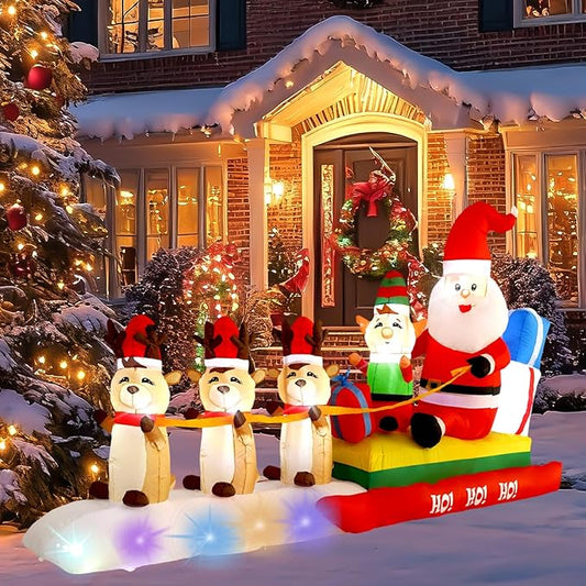10FT Three Elks Pulling Santa Claus on a Sleigh Christmas Decoration with Built-in LED Lights, Christmas Outdoor Inflatable Decoration for Lawns, Yards, Gardens, and Patios