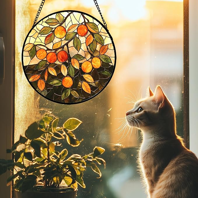 Stained Glass Suncatcher, Orange Green Fruit Tree Sun Catcher Landscape Stain Glass Window Hanging Decoration Mother's Day Birthday Gifts for Women Men Mom Nana 15 in