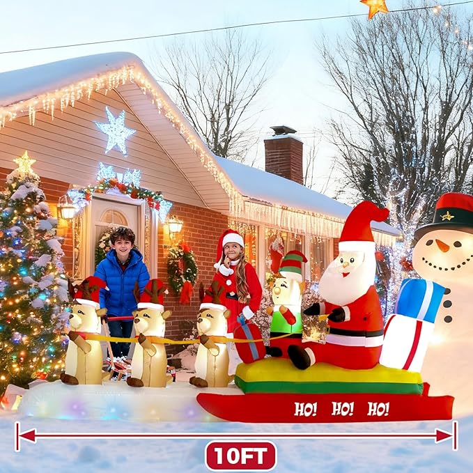 10FT Three Elks Pulling Santa Claus on a Sleigh Christmas Decoration with Built-in LED Lights, Christmas Outdoor Inflatable Decoration for Lawns, Yards, Gardens, and Patios