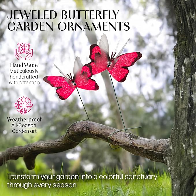 Handmade Pink Butterfly Garden Stakes Set of 7 - Decorative Outdoor & Indoor Plant Decor - Nature Lover Gift Idea by Air Aquarium Kushner