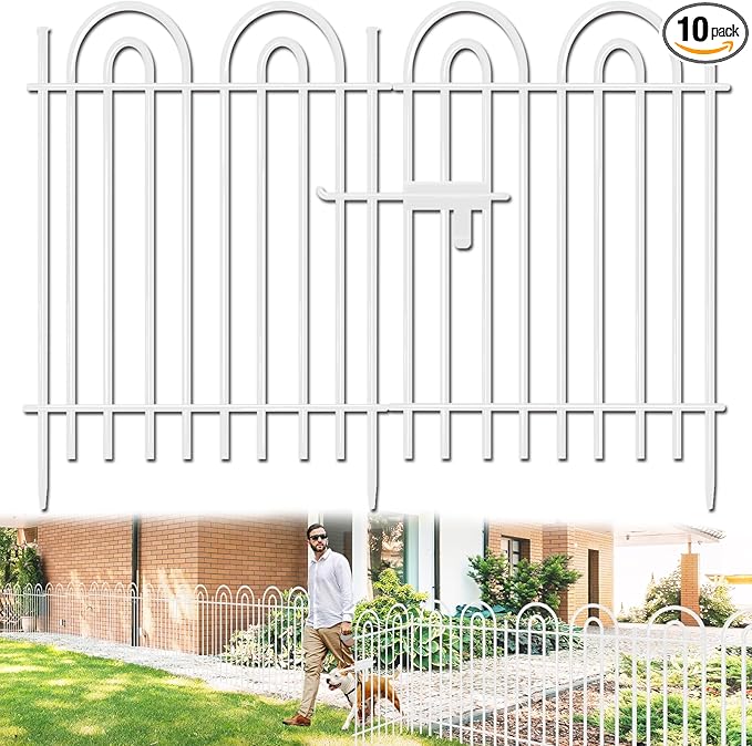 10 Panels Decorative Garden Fence with Gate, 42in(H)×21.6ft(L) Tall No Dig Fence Animal Barrier, Metal Tube Garden Edging Border, Reusable Ground Defense Temporary Fencing for Outdoor Yard, White