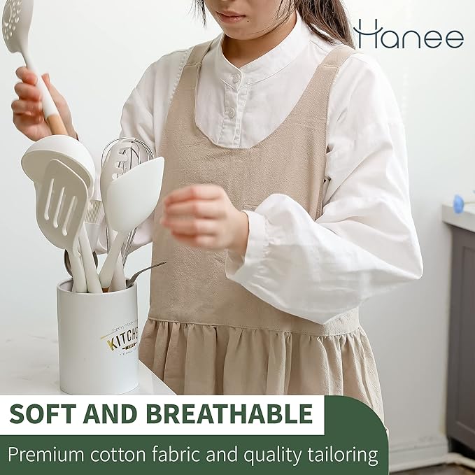 HANEE Cross Back Aprons for Women with Pockets | Japanese Style Cotton Apron | Cute Pinafore Smock for Kitchen etc (6 Colors)