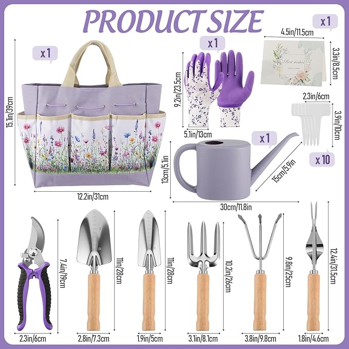 21 Piece Gardening Tools Set Heavy-Duty Gardening Gifts for Women Wife Grandma Garden Hand Tools with Purple Floral Tote Bag Water Can Garden Supplies Kit for Christmas White Elephant