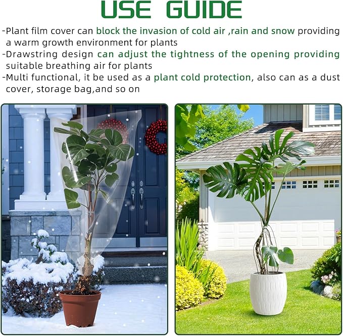 4 PCS Winter Plant Film Covers with Drawstring-31.5" x 35.4" Transparent Freeze Protection Bag Clear Plastic Plant Shelter Waterproof Coverings for Outdoor Garden Plant Rain Snow Frost Protection