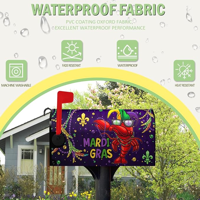 Mardi Gras Mailbox Cover Magnetic Standard Size 21x18 Inch Crawfish Carnival Beads Mailbox Covers Letter Box Wraps for Holiday Outdoor Garden Yard Decor