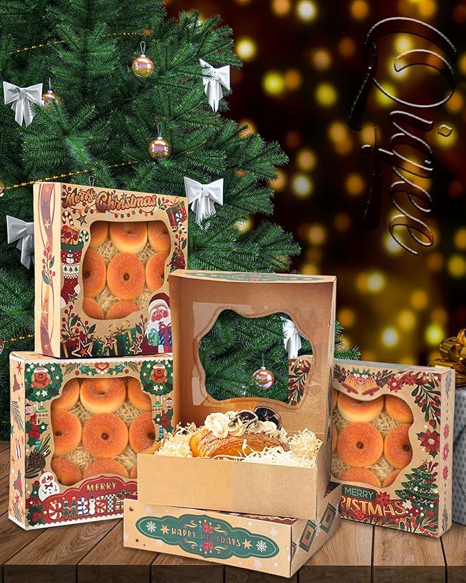 qiqee Christmas Kraft Cookie Boxes with Window 12packs 9x9x2.5 Inch Bakery Box Pastry Box for Christmas