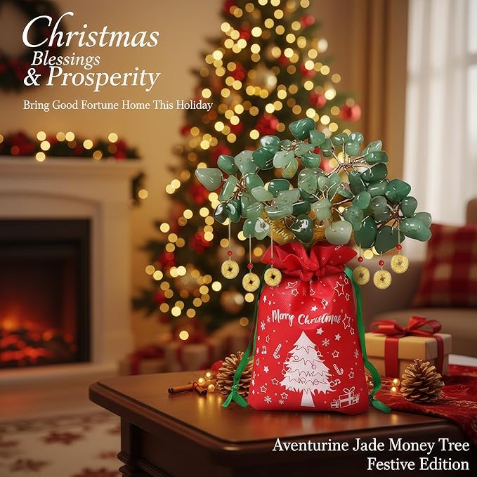Money Tree – Feng Shui Love & Wealth Golden Bag Bonsai Lucky Gemstone Home Office Decor (14cm Height) (Green Gift)