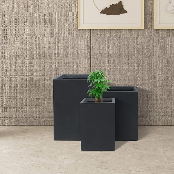 Kante 18.5",15.7",12.6" H Tall Rectangular Concrete Planters Set of 3, Outdoor Indoor Lightweight Plant Pots with Drainage Hole and Rubber Plug, Modern Style for Home Garden Patio, Charcoal