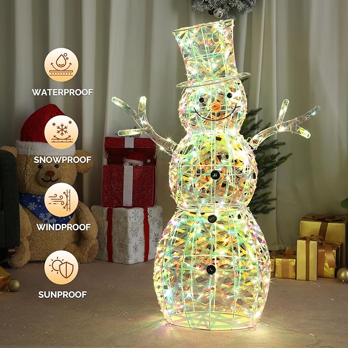VINGLI 4FT Lighted Iridescent Snowman Christmas Yard Decorations, Prelit 100 Warm White LED Tinsel Snowman, Collapsible Indoor Outdoor Lawn Garden Front Porch Patio Xmas Holiday Decor Display