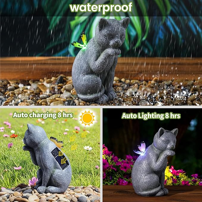 Solar Contented Cat Outdoor Statue Garden Decor,Birthday Gifts for Grandma Mom Women, Ornament for Balcony, Garden, Patio, Yard, Lawn Porch Patio Balcony Home House,7 Colors of Butterfly Glow