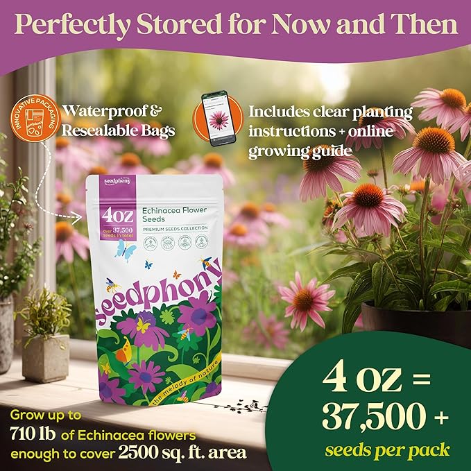 Echinacea Seed Pack 4 oz - 37,500 Non-GMO Heirloom Echinacea Seeds for Planting, Perennial Flowers in Waterproof Seed Packet, Coneflower Seeds for Planting Garden Indoor & Outdoor Gardening