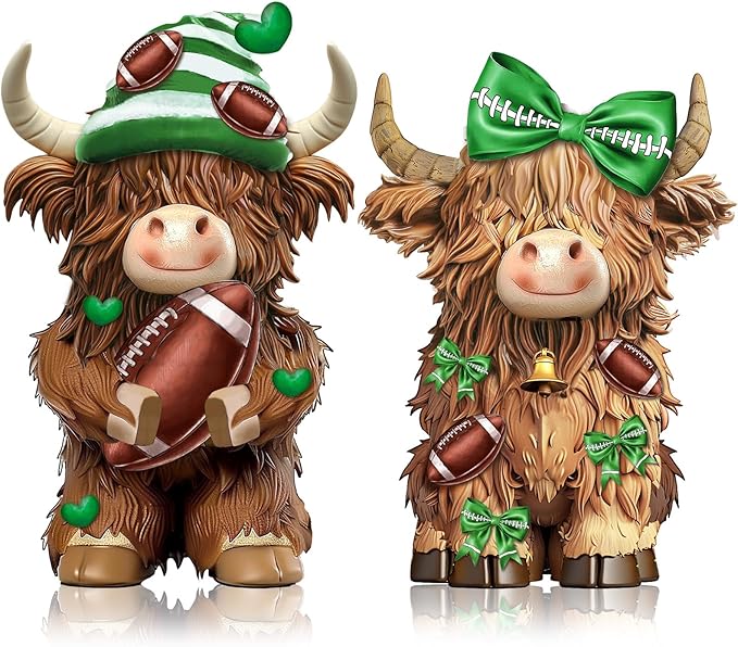 2 Pack Football Highland Cow Resin Figurine Decor Bathroom Highland Cow Gnomes with Football Scarf Resin Statue for Garden Table Shelf Home Decor Calf Gnome Herd Gifts