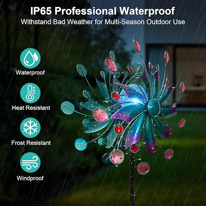 Solar Wind Spinner, 60.63 Inch Outdoor Metal Stake Yard Spinners, Solar Powered Multi-Color LED Glass Ball with Kinetic Wind Sculpture Spinner Windmills for Outdoor Lawn & Garden Decoration