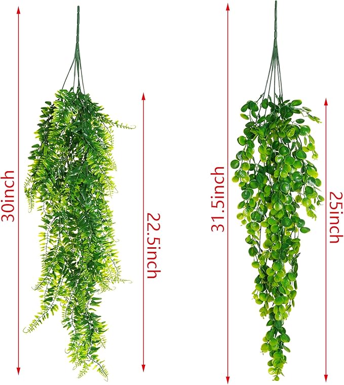 jiebor 4Pcs Fake Artificial Plastic Greenery Faux Hanging Plants Ferns Eucalyptus Vines for Bathroom Living Room Home Indoor Outdoor Office Wall Shelf Decor