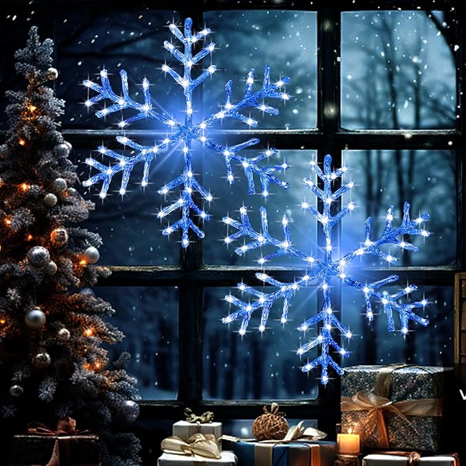 Christmas Window Snowflake Lights Decorations, Battery Operated Led Hanging Iron Lights, 8 Lighting Modes for Home Bedroom Indoor Outdoor Wall Holiday Decor (Blue, 2 Pack)