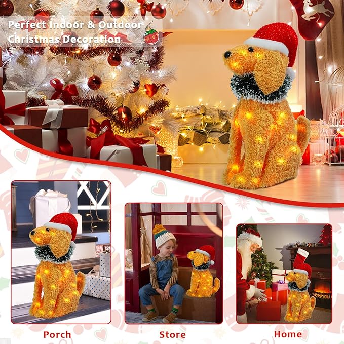 Christmas Lighted Dog Decoration Pre-lit 3D Glittered Fluffy Puppy Battery Operated Lighted Up Sitting Ornament Outdoor Indoor Christmas Decoration for Home Lawn Yard Garden Display