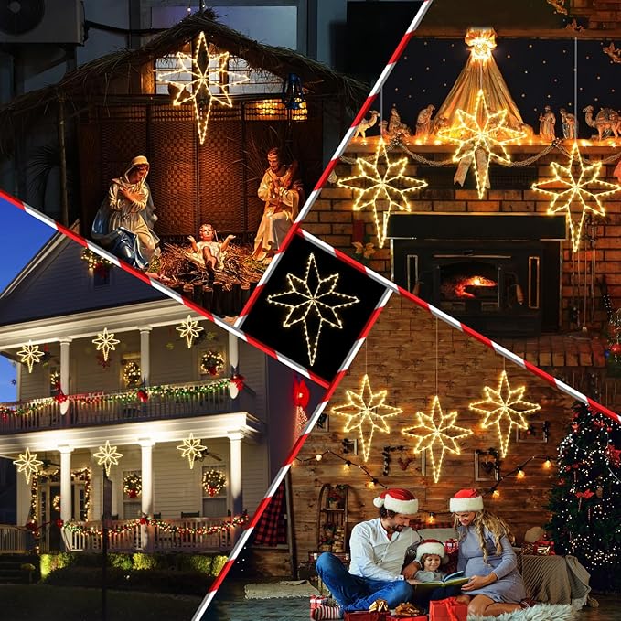 Marchpower Star of Bethlehem Christmas Window Lights, 22inch 118LEDs Warm White Xmas Window Lighted Decor Battery Powered, Waterproof Outdoor Christmas Star Light, Twinkle Fairy Light Timer - 2Pack